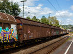 Zweiachsiger, gro�r�umiger Schiebewandwagen 21 81 2471 182-9 A-RCW, der Gattung Hbbills, der Rail Cargo Austria AG (Ein Unternehmen der �BB), am 07 Juni 2026 bei der Zugdurchfahrt in Scheuerfeld/Sieg.