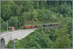 Festival Suisse de la vapeur (Schweizer Dampffestival 2025) - die herrliche RhB Bernina Bahn Ge 4/4 81 der Blonay Chamby Bahn ist bei Vers chez Robert mit einem Zug auf dem Weg nach Blonay und erreicht den Baye de Clarens Viadukt. Durch die bei der S ...