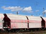 Talns Drehgestell-Selbstentladewagen mit Schwenkdach mit Nummer 31 80 0665 705-5 Gterbahnhof Oberhausen West 11-07-2024.

Talns vierassige zelflosser met afsluitbaar dak voor het vervoer van kalk met nummer 31 80 0665 705-5 goederenstation Oberhausen West 11-07-2024.