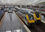 Zwei Triebz�ge am 21 Oktober 2025 im Bahnhof Li�ge-Guillemins (L�ttich-Guillemins) nebeneinander. Vorne der Siemens Desiro ML SNCB/NMBS Triebzug AM 08551 (AM = Automotrice), als L-train (Lokalzug/Regionalzug) �ber Angleur (Stadtteil von L�ttich) nach Bomal. Dahinter ein langen M7 TWINDEXX-Triebwagen-Zug, als IC �ber Br�ssel Flughafen, Gent und Br�gge, an die K�ste nach Knokke.