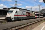 Am 16 Mai 2025 steht TE/IC 101 110 mit EuroCity 9 nach Basel SBNB in Karlsruhe Hbf, wo nach eineinhalb Stünde Verspätung der Bahnbetrieb wieder aufgenommen wurde.