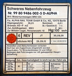 
Anschriftentafel von dem ex Motorturmwagen BRX 535, Schweres Nebenfahrzeug Nr. 99 80 9486 002-5 D-ALPHA (ex 97 99 02 501 18-2) ), der Alpha Rail Team GmbH & Co. KG, Berlin, abgestellt am 11.06.2016 in Betzdorf (Sieg).