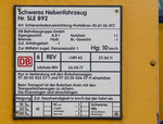 
Anschriftentafel Schienenladezugeinrichtung-Portalkran 40.61 - 36 ATZ (Schweres Nebenfahrzeug Nr. SLE 892 / 97 30 01 32 300-3) am 29.05.2016 in Betzdorf/Sieg abgestellt. 