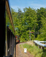 Zug halt!  Unterwegs mit dem „Molli“, die 99 2322-8 der Mecklenburgischen Bäderbahn Molli zieht den „Molli“ (MBB Dampfzug) am 15 Mai 2022 von Kühlungsborn West via