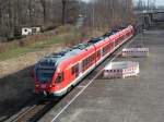 DB-Regio Flirt als RE 13004 von Sassnitz nach Rostock Hbf bei der Durchfahrt in Rostock-Kassebohm.24.03.2012