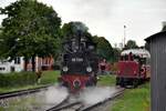 99 7203 der Alb-Bahn fährt nach der Rückfahrt in den Lokschuppen in Amstetten am 11.09.2022.