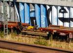 Detailbild der beiden Mittelpuffer gekuppelten vierachsigen Drehgestellflachwagen mit Drehrungen und Aufsetzzapfen f�r Container, 86 83 3669 395-7 I-MIR und 86 83 3669 846-9 I-MIR, der Gattung Rgmms, der Mercitalia Rail Srl, umgebaut zu Kuppelwagen ( ...