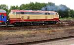 BTEX 217 002-5 mit leichter Abgasfahne rangiert ihren Leerzug in Bahnhof von Husum.