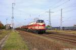 228 321-6 CLR – Cargo Logistik Rail Service GmbH mit einem Fas Ganzzug in Satzkorn und fuhr in Richtung Golm weiter. Sie kam vom Nikolassee wo sie Schotter zu der Neuen S1-Br�cke hin gebracht hatte. 20.10.2012