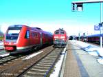 3 Z�ge auf einmal: 612 503 mit RE nach Lindau, 218 486-9 mit RB nach M�nchen und 642 082 nach Augsburg, Buchloe 21.02.10