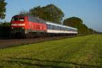 MZ Eisenbahndienstleistungen 218 451 zieht der RE10 zwischen Weezen und Goch nach Kleve am Abend von 24 April 2026.