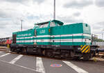 Die 293 511-2 (92 80 1293 511-2 D-LDS) des Eutiner Eisenbahnunternehmen LDS GmbH (LDS steht für Logistik, Dienstleistungen und Service) steht am 07.07.2019 mit dem Drehhobel D-HOB 4.0 (D-HOB 2500) der