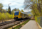  Der VT 504 (95 80 1648 104-5 D-HEB / 95 80 1648 604-4 D-HEB), ein Alstom Coradia LINT 41 der neuen Generation / neue Kopfform der HLB (Hessische Landesbahn GmbH), verlässt am 15.04.2020, als RB