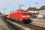 Am 15 Februar 2026 ist 101 145 mit der IC nach Westerland (Sylt) in Itzehoe eingetroffen.