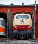   Die wunderschöne 103 226-7 (91 80 6103 226-7 D-DB) schaut aus dem Siegener Ringlokschuppen, hier am 20.08.2016 beim Lokschuppenfest des Südwestfälischen Eisenbahnmuseums in Siegen.