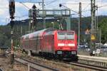 DB Regio 146 235 verlässt Amstetten (Württemberg) mit ein bis Plochingen eingeschranker RE wegen ein Grossstörung in Stuttgart Hbf am 9 Juli 2022.