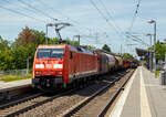 Die 152 093-1 (91 80 6152 093-1 D-DB) der DB Cargo Deutschland AG fährt am 01.06.2019 mit einem gemischtem Güterzug durch den Bahnhof Bonn UN Campus (in Bonn-Gronau) in Richtung Süden.