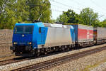   Die an die TX Logistik AG vermietete 185 528-7 (91 80 6185 528-7 D-ATLU9 der Alpha Trains Belgium NV fährt am 04.06.2019 mit einem KLV-Zug durch Gröbenzell in Richtung Augsburg.