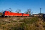 Die DB Cargo 187 161 (91 80 6187 161-5 D-DB) fährt am 08.02.2023 mit der kalten 185 169-0 (91 80 6185 169-0 D-DB) und einem gemischten Güterzug durch Rudersdorf (Kr.