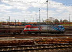 Ein Blick aus dem Zug auf den Rangierbahnhof Maschen (Maschen Rbf) am 23 April 2026, hier steht die 185 350-6 mit Werbung „Grenzenlos f�r Sie im Einsatz“ (91 80 6185 350-6 D-RHC), ex DB
