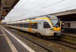 Der Stadler FLIRT ET 7.09 (94 80 0429 014-4 D-ERB usw.) der eurobahn (KEOLIS Deutschland GmbH & Co. KG) steht  am 14 Februar 2024, als RE 3 „Rhein-Emscher-Express“ nach Düsseldorf Hbf, im Hbf Hamm (Westfalen) zur Abfahrt bereit.