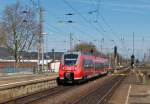 . Der Baby-Hamster 442 504  Klotten  der DB Regio kommt am 10.04.2015 aus Wittlich und fhrt in den Hauptbahnhof von Trier ein, um kurze Zeit spter seine Reise ber die Obermoselstrecke nach Perl fortzusetzen. (Hans)