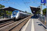 Zwei gekuppelte Bombardier Talent 2 der National Express Rail haben am 12 August 2026, als RB 48  Rhein-Wupper-Bahn  (Wuppertal-Oberbarmen – K�ln – Bonn-Mehlem), den Bahnhof Bonn UN Campus erreicht. Gef�hrt vorne von dem dreiteiligen ET 160 (94 80 9442 160-9 D-NXG ff) und am Zugschluss der vierteilige ET 371 (94 80 9442 371-2 D-NXG ff).  Die National Express Rail GmbH ist der Fahrzeugnutzer, Eigent�mer der Triebz�ge ist die ZV VRR Eigenbetrieb Fahrzeuge und Infrastruktur in Essen.