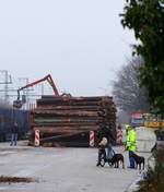 In der Mitte der Ladestrasse lagen einige Tonnen an Holz die von einem LKW auf die Wagen verladen wurden, hinter dem Holzstapel standen noch zwei LKW's die am verladen waren.