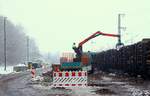 Einsamer Belader...geschützt steht der letzte Holztransporter an der Ladestrasse und belädt mit seinen letzten Stämmen einen Snps5 Rungenwagen.