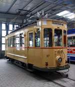   Der ST 3-Triebwagen 57 der Straßenbahn Darmstadt (HEAG) im Straßenbahnmuseum Darmstadt-Kranichstein am 28.04.2013.