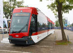   Der Solaris Tramino Braunschweig ein Niederflur-Straßenbahn-Gelenktriebwagen des polnischen Herstellers Solaris Bus & Coach S.A., präsentiert am Freigelände auf der Inno Trans 2014 in