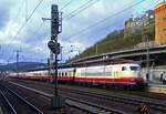 Die 103 235-8 (91 80 6103 235-8 D-DB) mit IC 91300 (mit TEE-Rheingold Wagen) steht am 03.04.2010 im Koblenzer Hauptbahnhof zur Weiterfahrt nach Trier Hbf bereit.