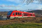   Der Alstom Coradia LINT 41 (Dieseltriebwagen) 648 203 / 703 der DreiLänderBahn als RB 95  Sieg-Dill-Bahn  (Dillenburg-Siegen-Betzdorf/Sieg-Au/Sieg) fährt am11.02.2014 von Haiger weiter in