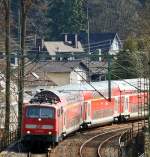 111 079-0 mit dem RE 9 (Rhein-Sieg-Express) Siegen-Kln-Aachen, am Schlu ist Schublok 111 080-8, hier am 01.04.2012 kurz vor der Einfahrt in den Bf.