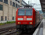 Die 146 003-9 (91 80 6146 003-9 D-DB) der DB Regio erreicht, mit dem RE 9 - Rhein-Sieg-Express (RSX) Aachen – Köln – Siegen, am 29.06.2022 pünktlich den Zielbahnhof Siegen Hbf.