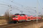 120 201-9 mit RE 4306 von Rostock Hbf nach Hamburg Hbf bei der Durchfahrt in Sildemow.07.03.2012