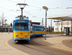  Der Triebwagen 508 der Thringerwaldbahn und Straenbahn Gotha GmbH (TWSB), ein Duewag-Gelenkwagen vom Typ GT8-NF, fhrt am 30.04.2016 von der Station Hauptbahnhof Gotha, als Linie 4