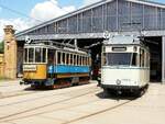 Straenbahn / Stadtverkehr Leipzig T 2 Nr.1454 von Dessau 1925 und T 4 Nr.20  Maximumwagen von Nordwaggon Baujahr 1909 im Tram-Museum Leipzig, bereit fr Fahrten durch Leipzig am 21.07.2019.