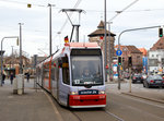   Der Triebwagen 1108 ein ADtranz GT8N-2 der VAG (Verkehrs-Aktiengesellschaft Nrnberg) fhrt am 28.03.2016 vom Hauptbahnhof Nrnberg als Linie 9 in Richtung Doku-Zentrum.