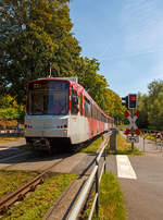   Die beiden gekuppelten Triebwagen 7651 und 7459 der SWB (Stadtwerke Bonn Verkehrs GmbH), zwei modernisierte DUEWAG Stadtbahnwagen vom Typ B 80C (ex B 100S) fahren am 18.08.2018, als Linie 66 nach