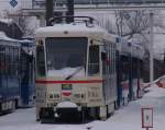 Tatra-Straenbahn vom Typ T6A2 mit Bildern von Zeitungsausschnitten ber den Mauerfall stand am 05.12.10 abgestellt im Betriebshof der Rostocker Straenbahn AG