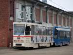 Tatra-Straenbahn vom Typ T6A2 mit Bildern von Zeitungsausschnitten ber den Mauerfall stand am 04.03.2014 auf dem Gelnde der Rostocker Straenbahn AG