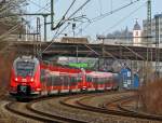   Zwei gekoppelte 4-teilige Bombardier Talent 2 haben gerade (am 14.02.2015), als RE 9 (rsx - Rhein-Sieg-Express) Siegen - Köln - Aachen, den Hbf Siegen in Richtung Köln verlassen.