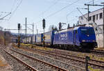 Die an die Rhenus Rail Logistics GmbH vermietete Railpool 186 269-7 (91 80 6186 269-7 D-Rpool) fährt am 29.03.2021, mit einem LKW-Walter KLV-Zug, auf der Siegstrecke (KBS 460), durch