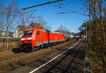 Die 152 190-5 (91 80 6152 190-5 D-DB) der DB Cargo AG, ursprünglich vorgesehen als 152 032-9, fährt am 03.03.2023 mit einem Kesselwagenzug durch Scheuerfeld (Sieg) in Richtung Köln.