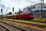 Steuerwagen voraus, geschoben von der 146 003-9 ((91 80 6146 003-9 D-DB) der DB Regio NRW, fährt am 22 Juli 2024 der RE 9 (rsx - Rhein-Sieg-Express) Siegen – Köln –Aachen, durch