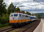 Die 111 049-3 (91 80 6111 049-3 D-GfF) der GfF - Gesellschaft f�r Fahrzeugtechnik mbH (Crailsheim) f�hrt am 02 Juli 2026 mit einem Leerzug, bestehend aus zwei ex InterRegio-Wagen der 2.