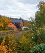 Herbst im Hellertal, der VT 205 ABp (95 80 0640 105-2 D-HEB), in Alstom Coradia LINT 27 der HLB (Hessische Landesbahn) / 3LänderBahn, hat am 14 Oktober 2025, als RB 96  Hellertalbahn“ (Neunkirchen/Siegerland – Herdorf – Betzdorf/Sieg), den Bahnhof Herdorf erreicht.

Der LINT 27 wurde 2004 von ALSTOM Transport Deutschland GmbH (vormals LHB - Linke-Hofmann-Busch GmbH) in Salzgitter-Watenstedt unter der Fabriknummer 1187-005 gebaut und als VT 205 an die vectus Verkehrsgesellschaft mbH geliefert. Mit dem Fahrplanwechsel zum Dezember 2014 wurden alle Fahrzeuge der vectus von der HLB übernommen.