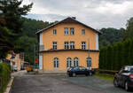 Seitlicher Blick (vom Zughotel) auf den Bahnhof Wolkenstein (Erzgebirge) am 26 August 2013.