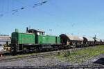 Brohltalbahn 295 049 rangiert einige Selbstentladewagen ins Bahnhof von Neuwied am 30 April 2026. Die wagen sind aus Andernach gekommen. Weil der Zug hier Kopf macht, gibt es einige Minute vor einige Fotos.
